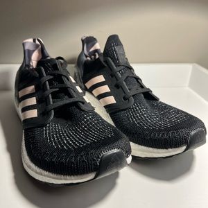Adidas Ultraboost, black white and baby pink stripes